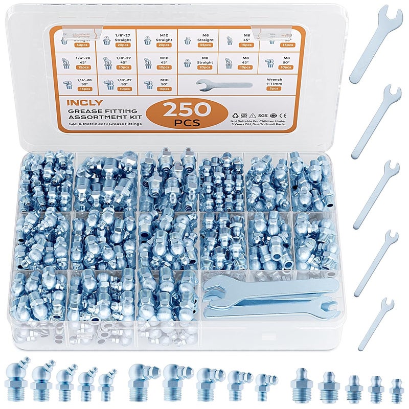 INCLY 250PCS SAE & Metric Grease Fittings Assortment, Hydraulic Zerk Grease Fittings with Wrench Kit, Galvanized Steel Straight 45 90 Degree Zerk Fitting for Garage Farm Equipment Maintenance - Image 1